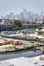 Manhattan seen from Brooklyn industrial neighborhood on a hazy summer day