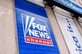 NEW YORK, USA - July 10, 2019: Signboard Fox News Channel at the News Corporation headquarters building in Manhattan, New York