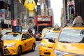 NEW YORK, USA - July 10, 2019:Yellow cabs in traffic on Times Square in Manhattan, New York, USA Royalty Free Stock Photo