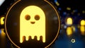 New York, USA - 20 June 2021: AAVE cryptocurrency symbol. Cute ghost 3d sign