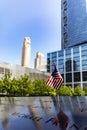 New York, USA June 1, 2023: An American flag at the World Trade Center memorial, honoring the victims of the terrorist attack