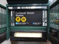 Entrance sign to the Cortlandt Street subway station.