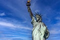 New York, USA June 1, 2023: Panoramic photograph of the incredible Statue of Liberty with its torch.