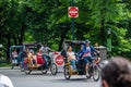 New York, USA - June 6, 2019: Passengers in the back of a pedicab look out as they pass near Central park - image