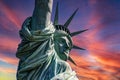 New York, USA June 1, 2023: Photo of the Statue of Liberty at sunrise, holding her huge torch in the Big Apple Royalty Free Stock Photo