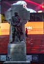 New York, USA June 1, 2023: The red staircase statue in Times Square at the intersection of Broadway and Seventh Avenue.