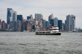 New York, USA - June 7, 2019: Tourist boats on East River in front of Manhattan, A East River ferry boat travels the Hudson River