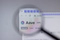 New York, USA - 1 May 2021: AAVE cryptocurrency logo close-up on website page, Illustrative Editorial