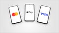 New York, USA - 1 May 2023: Apple Pay, MasterCard and Visa app Logo on Phone Screen Illustration, Illustrative Editorial