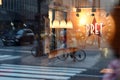 New York, USA - May 26, 2018: Fast casual restaurant Pret A Manger logo with reflection the street of New York. Royalty Free Stock Photo