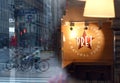 New York, USA - May 26, 2018: Fast casual restaurant Pret A Manger logo with reflection the street of New York. Royalty Free Stock Photo