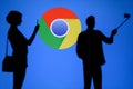 NEW YORK, USA, 25. MAY 2020: Google Chrome web browser developed by Google Man and Woman taking a photo on mobile man use selfie Royalty Free Stock Photo