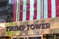 NEW YORK, USA - MAY 15, 2019: Low angle of the gold facade of Trump Tower, the skyscraper home to Trump Organization