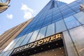 NEW YORK, USA - MAY 15, 2019: Low angle of the gold facade of Trump Tower, the skyscraper home to Trump Organization