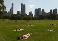 New York, USA - May 25, 2018: People relax on Sheep Meadow in Ce