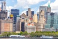 NEW YORK, USA - MAY 16, 2019: skyline of downtown Manhattan seen from East River on Battery park Royalty Free Stock Photo