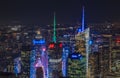 Sunset aerial view of iconic Times Square skyscrapers, major commercial and tourist destination in New York, USA