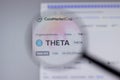 New York, USA - 1 May 2021: THETA cryptocurrency logo close-up on website page, Illustrative Editorial