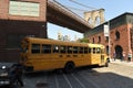 New York, USA - May 25, 2018: Yellow school bus on Dumbo in Brooklyn
