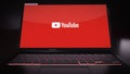 New York, USA - 9 May 2023: YouTube Logo on Laptop Screen Animation, Illustrative Editorial