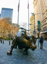 New York, USA - November 18, 2009: Charging Bull at Wall Street in Financial District in Lower Manhattan, New York City, USA. Royalty Free Stock Photo