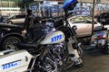 Police motorcycles of the New York Police Department at night. NYPD is the largest municipal police force in the United States