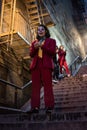 NEW YORK, USA,-NOVEMBER 31,2019: Random person impersonating the Joker and dancing at staircase in the Bronx, New York
