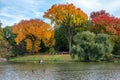 view of autumn landscape. boats on the lake in Central Park. New York City. USA Royalty Free Stock Photo