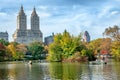 View of autumn landscape. boats on the lake in Central Park. New York City. USA Royalty Free Stock Photo