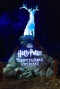 New York, USA - November 21, 2022: The White Stag statue at Harry Potter Forbidden forest experience