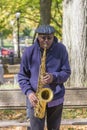 man plays saxophone in the Central Park in New York