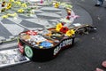 New York, USA - October 5, 2018: Guitar decorated with hippie motifs in Strawberry Fields memorial in honor of Lennon