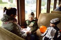 New York, USA - October 27, 2018: People ride in traditional train express on celebrations halloween near New York