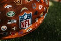 NEW YORK, USA, SEPTEMBER 11, 2023: Detailed View of the NFL Leather Ball - Official Ball of National Football League with logos of Royalty Free Stock Photo