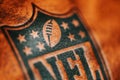 NEW YORK, USA, SEPTEMBER 11, 2023: Macro Shot of the NFL Football Logo. Official Ball of National Football League