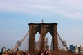 New York, USA - September 2, 2018: New York City Brooklyn Bridge in Manhattan closeup with skyscrapers and city skyline over Royalty Free Stock Photo