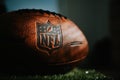 NEW YORK, USA, SEPTEMBER 11, 2023: NFL Game Ball: Logo in Focus - Official Ball of National Football League Royalty Free Stock Photo