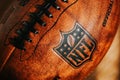 NEW YORK, USA, SEPTEMBER 11, 2023: NFL Leather Ball Logo in High Resolution - Official Ball of National Football League Royalty Free Stock Photo