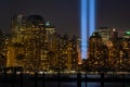 Buildings of New York city with the detail of `Tribute in light` rehearsal at Lower Manhattan