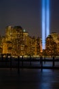 Buildings of New York city with the detail of `Tribute in light` rehearsal at Lower Manhattan