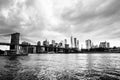 View of Manhattan bridge and Manhattan in New York, USA at sunset. Black and white Royalty Free Stock Photo