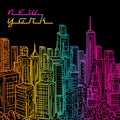 New York. Vintage colorful hand drawn night city landscape. Vector illustration