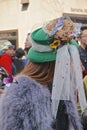 Woman wearing a green bonnet with a birdÃ¢â¬â¢s nest at the Fifth Avenue Easter Parade