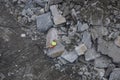 New York, New York: A worker wearing a hardhat sits on a pile of large pieces of Manhattan schist