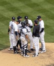 Conference on the Mound for Yankees in MLB Game vs. Kansas City Royals, July, 2023 Royalty Free Stock Photo