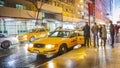 New York yellow taxi cab picking up people whilst it is raining