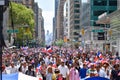 New Yorkers outside with flags in large numbers to watch the Dominican Day Parade