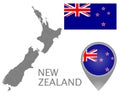New Zealand Flag, Map Pointer And Map With The Administrative Divisions