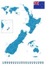 New Zealand - detailed blue country map with cities, regions, location on world map and globe. Infographic icons