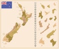 New Zealand - detailed map of the country in brown colors, divided into regions